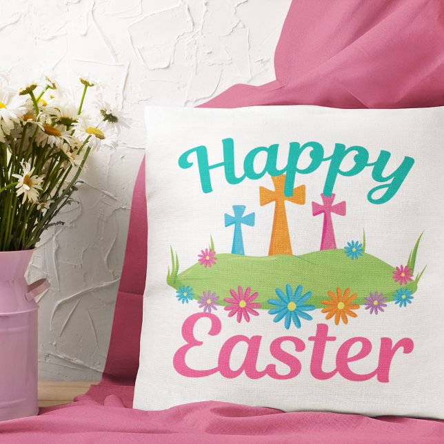 Happy Easter Beautiful Religious Crosses Flowers Cushion (Creator Uploaded)