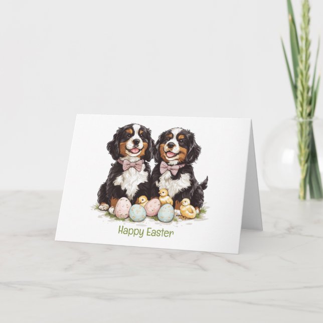 Happy Easter Bernese Mountain Dogs Easter Eggs Holiday Card (Front)