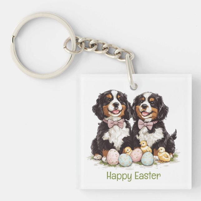 Happy Easter Bernese Mountain Dogs Easter Eggs Key Ring (Front)