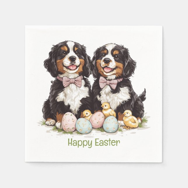 Happy Easter Bernese Mountain Dogs Easter Eggs Napkin (Front)