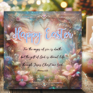 Happy Easter Bible Verse Pastel Flowers Christian Holiday Card