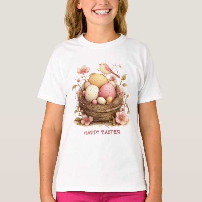 Happy Easter Bird Nest Eggs Bird T-Shirt (Front)
