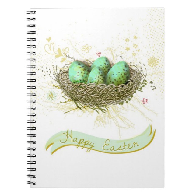 Happy Easter! - Birds nest with colourful eggs Spiral Notebook (Front)