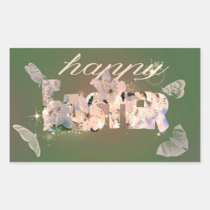 Happy Easter Blossoms And Butterflies Green Rectangular Sticker