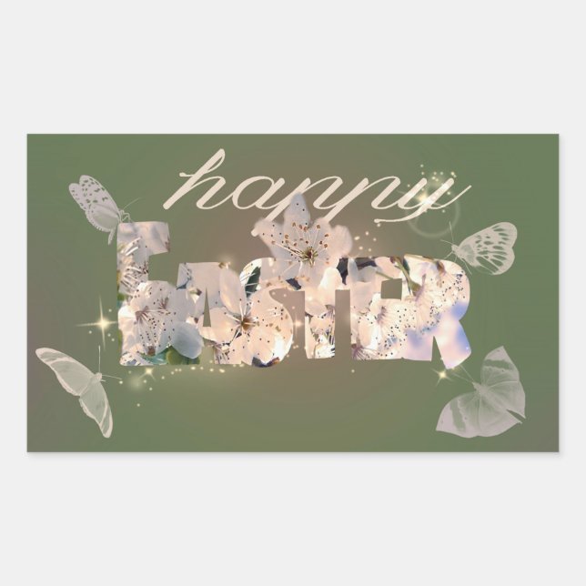 Happy Easter Blossoms And Butterflies Green Rectangular Sticker (Front)