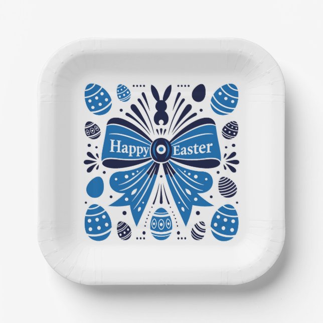 Happy Easter Blue Bow Folk Art Bunny & Eggs Spring Paper Plate (Front)