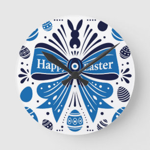 Happy Easter Blue Bow Folk Art Bunny & Eggs Spring Round Clock