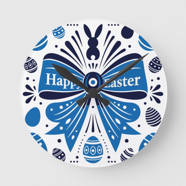 Happy Easter Blue Bow Folk Art Bunny & Eggs Spring Round Clock (Front)
