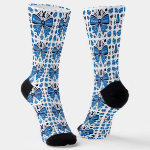 Happy Easter Blue Bow Folk Art Bunny & Eggs Spring Socks