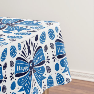 Happy Easter Blue Bow Folk Art Bunny & Eggs Spring Tablecloth