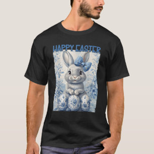 Happy Easter Blue Floral Chinoiserie Bunny Blue Bo T-Shirt