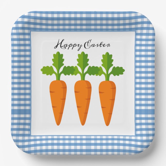 Happy Easter Blue Gingham with Carrot Design  Paper Plate (Front)