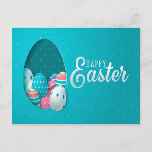 Happy Easter Blue Pink White Eggs Greeting Postcard