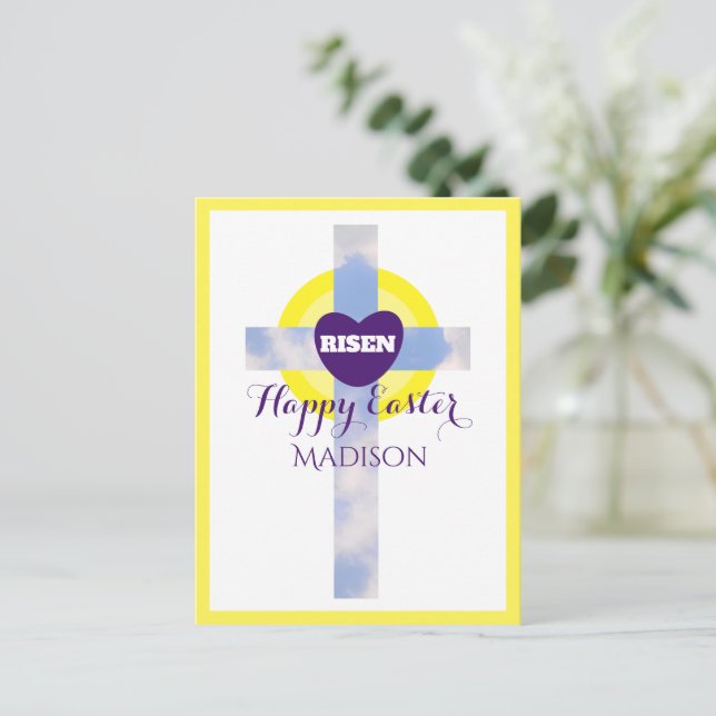 Happy Easter Blue Sky Cross Custom Name Yellow Holiday Postcard (Standing Front)