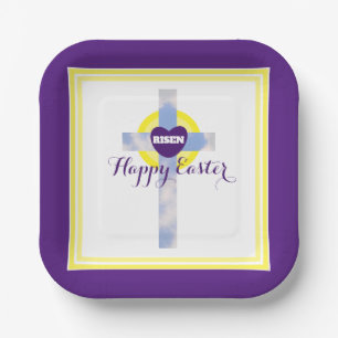 Happy Easter Blue Sky Cross Resurrection Day Paper Plate