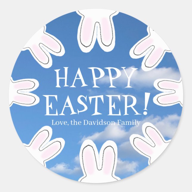 Happy Easter blue sky cute peeking bunnies funny Classic Round Sticker (Front)
