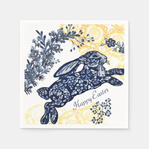 Happy Easter Blue White Yellow Rabbit Chinoiserie Napkin