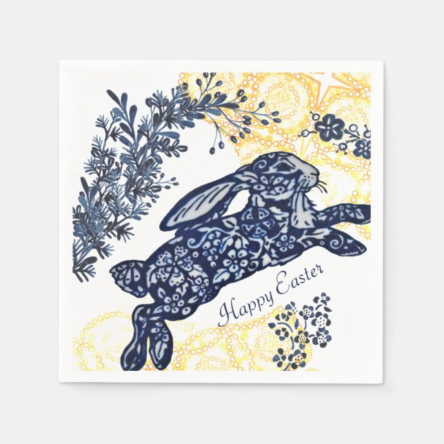 Happy Easter Blue White Yellow Rabbit Chinoiserie Napkin (Front)