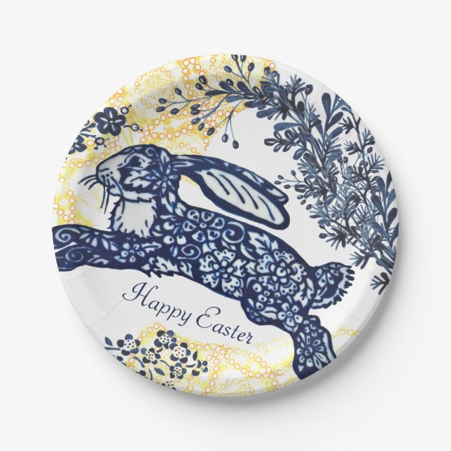 Happy Easter Blue White Yellow Rabbit Chinoiserie Paper Plate (Front)