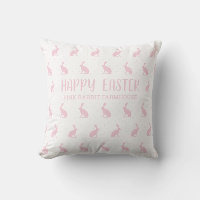 Happy Easter. Blush Pink Rabbit Farmhouse. Cushion (Front)