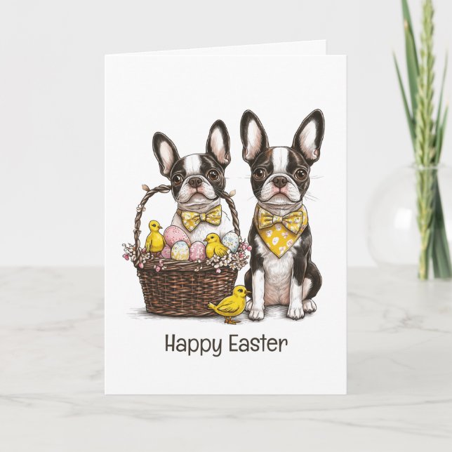 Happy Easter Boston Terrier Dogs Holiday Card (Front)