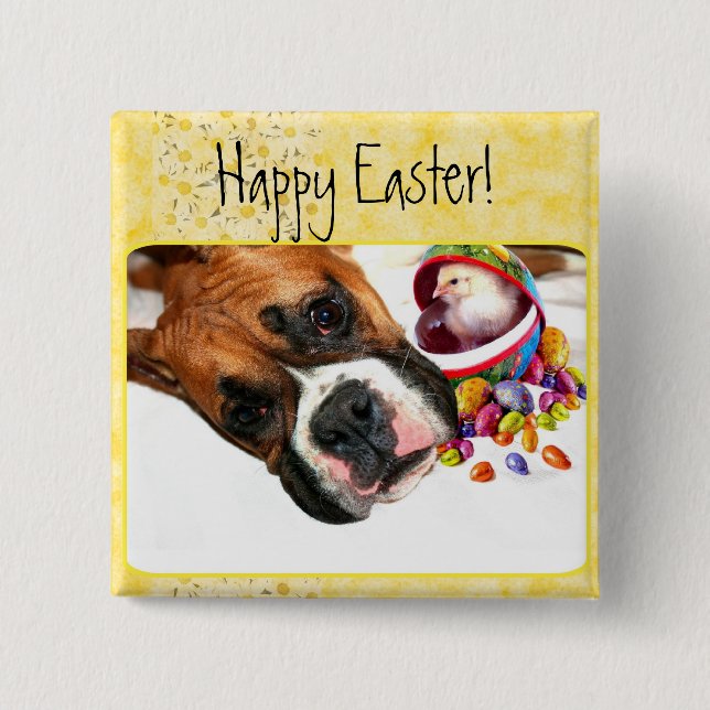 Happy Easter Boxer puppy and Chick button (Front)