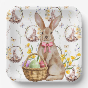Happy Easter Brown Bunnies Paper Plate