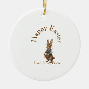 Happy Easter brown bunny with eggs love add name  Ceramic Tree Decoration