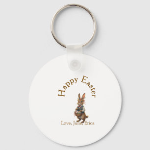 Happy Easter brown bunny with eggs love add name Key Ring
