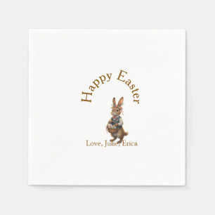 Happy Easter brown bunny with eggs love add name Napkin