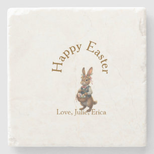 Happy Easter brown bunny with eggs love add name Stone Coaster