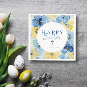 Happy Easter Brunch Floral Cross Religious Blue Napkin