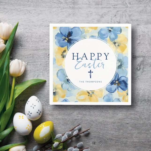 Happy Easter Brunch Floral Cross Religious Blue Napkin (Creator Uploaded)