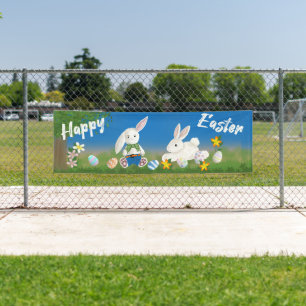 Happy Easter   Bunnies and Painted Eggs Banner