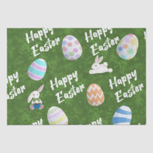 Happy Easter Bunnies and Painted Eggs on Grass Tissue Paper