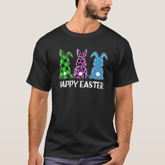 Happy Easter Bunnies Buffalo Plaid Leopard Print E T-Shirt (Front)