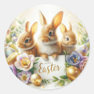 Happy Easter,  Bunnies, Easter Eggs and Flowers Classic Round Sticker