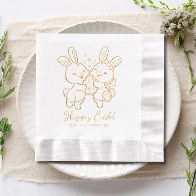 Happy Easter Bunnies Rabbit Egg Personalised Name Foil Napkins (Creator Uploaded)