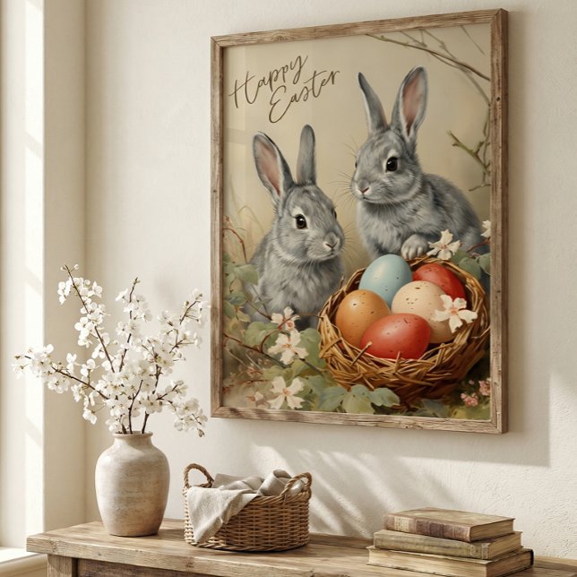  Happy easter bunnies with easter eggs in basket  Poster (Creator Uploaded)