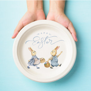 Happy Easter Bunnies with Egg Baskets Paper Plate