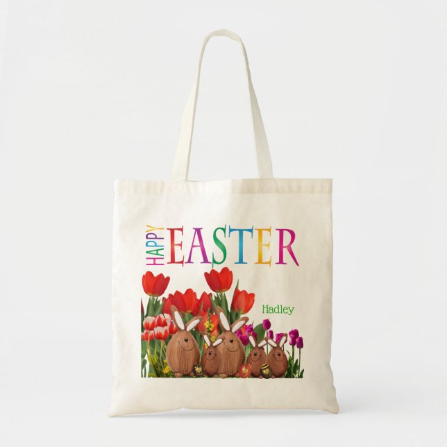 Happy Easter Bunnies with Tulips Tote Bag (Front)