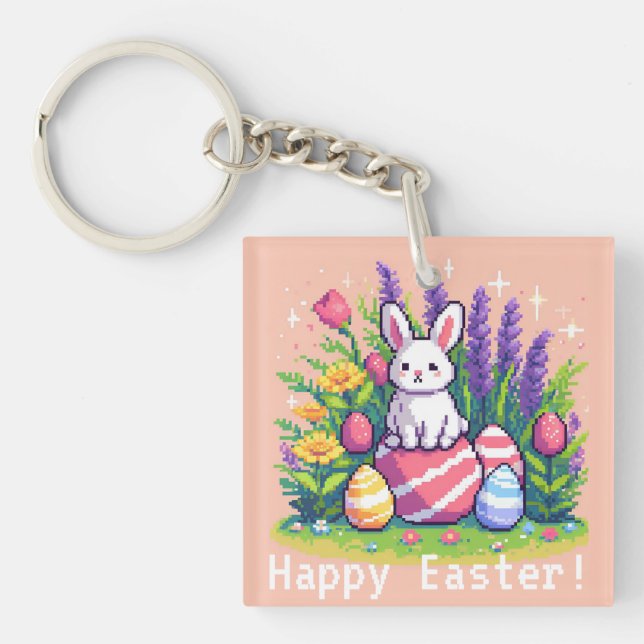 Happy Easter bunny 8 bit pixel art Key Ring (Front)
