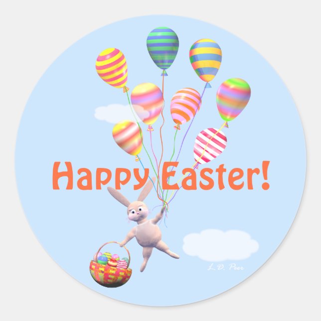Happy Easter Bunny and Balloons Classic Round Sticker (Front)