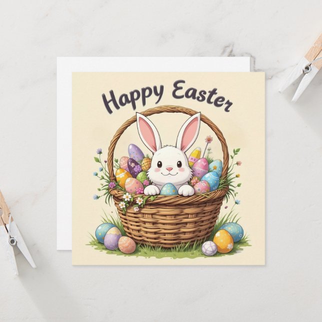 Happy Easter Bunny and Basket Art Invitation (Front/Back In Situ)