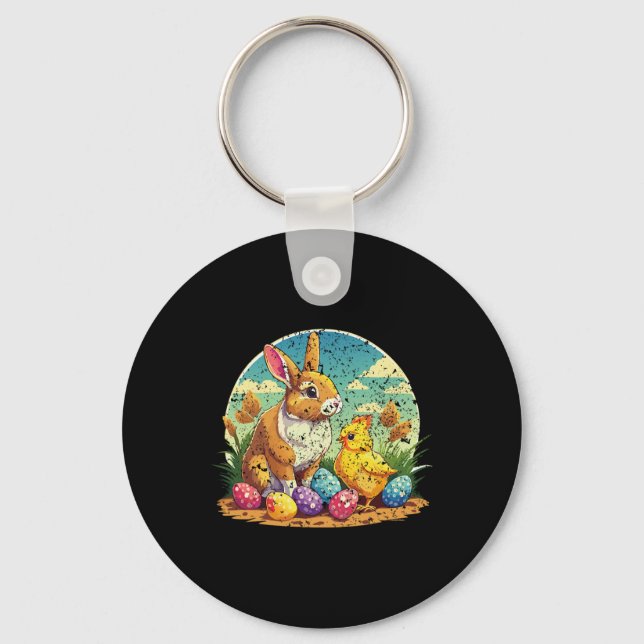 Happy Easter Bunny And Chick – Cute Pastel Egg Hun Key Ring (Front)