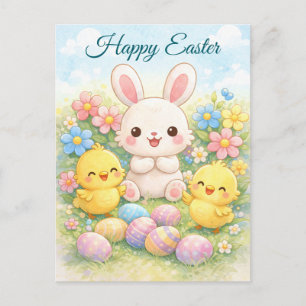 Happy Easter Bunny and Chicks Cute Pastel Holiday Postcard