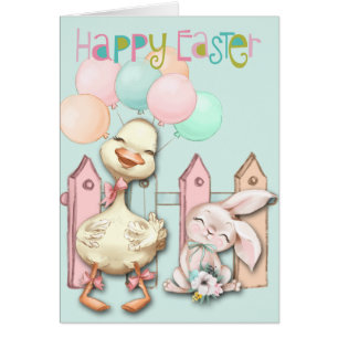 Happy Easter Bunny and Duck with Balloons