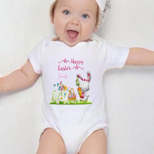 Happy Easter Bunny and Eggs Baby Girl Personalised Baby Bodysuit (Creator Uploaded)