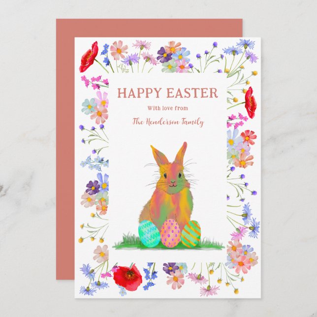 Happy Easter Bunny and Eggs Floral Holiday Card (Front/Back)
