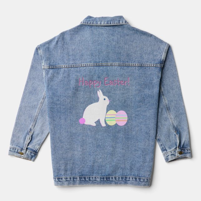 Happy Easter Bunny and Eggs on Stripes Denim Jacket (Back)